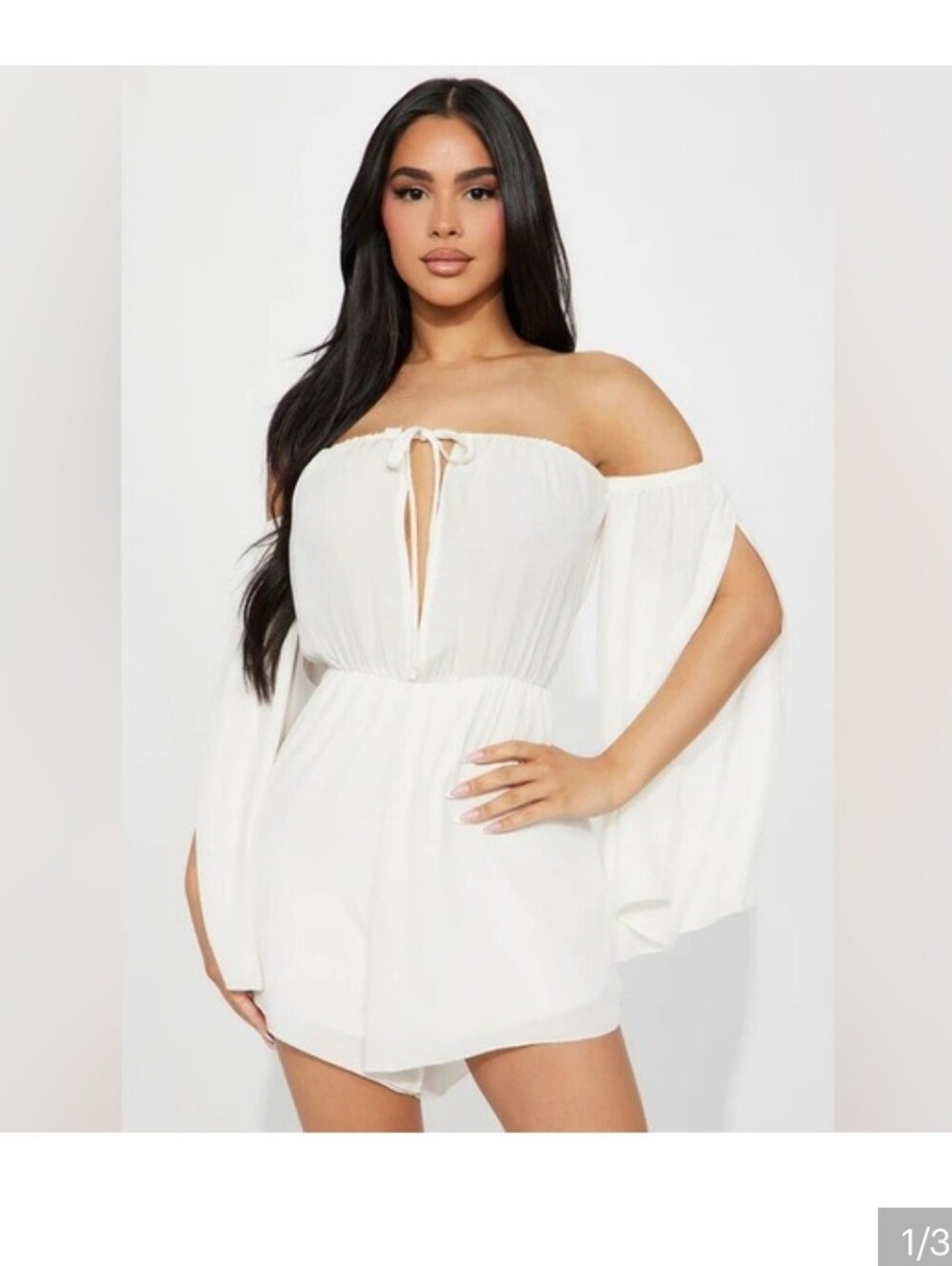 Fashion Nova Off White Off Shoulder Keyhole Long Sleeve Romper with Slits